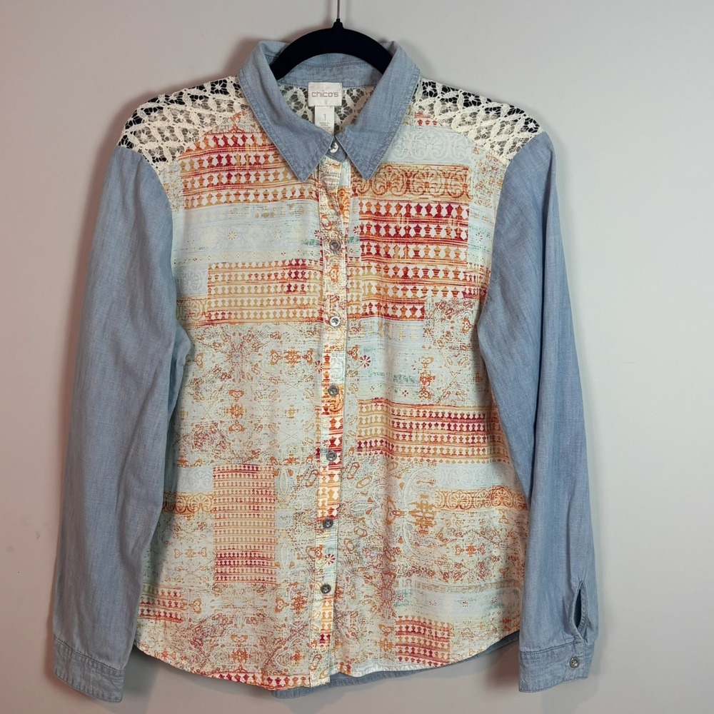 Chico's Womens Mixed Media Denim‎ Lace Button up Long Sleeve Top sz 1 / MED Boho